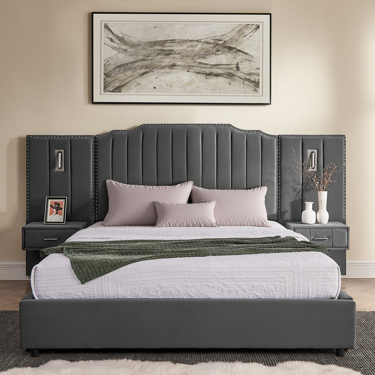 Queen Size Upholstered Bed Frame - Gray Velvet, Vertical Stripe Design