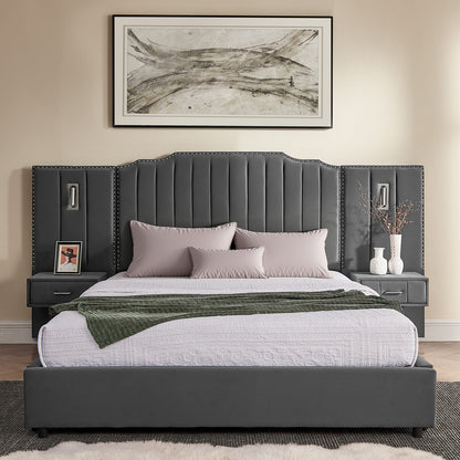 Queen Size Upholstered Bed Frame - Gray Velvet, Vertical Stripe Design