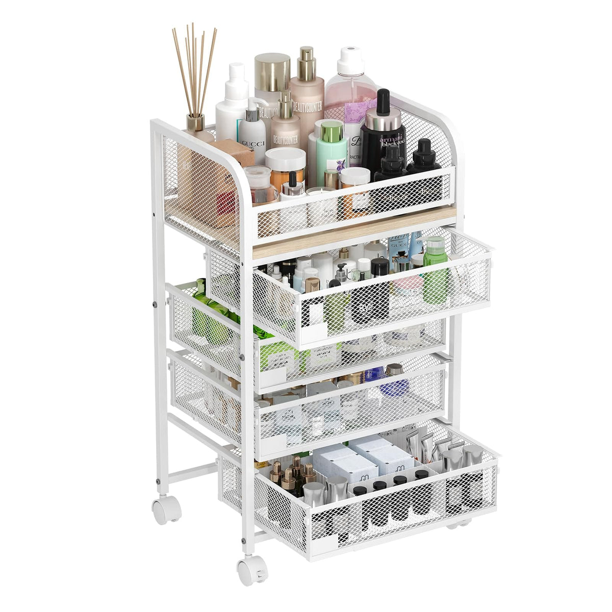White Makeup Organizer with Wheels - 4 Drawers for Vanity Storage