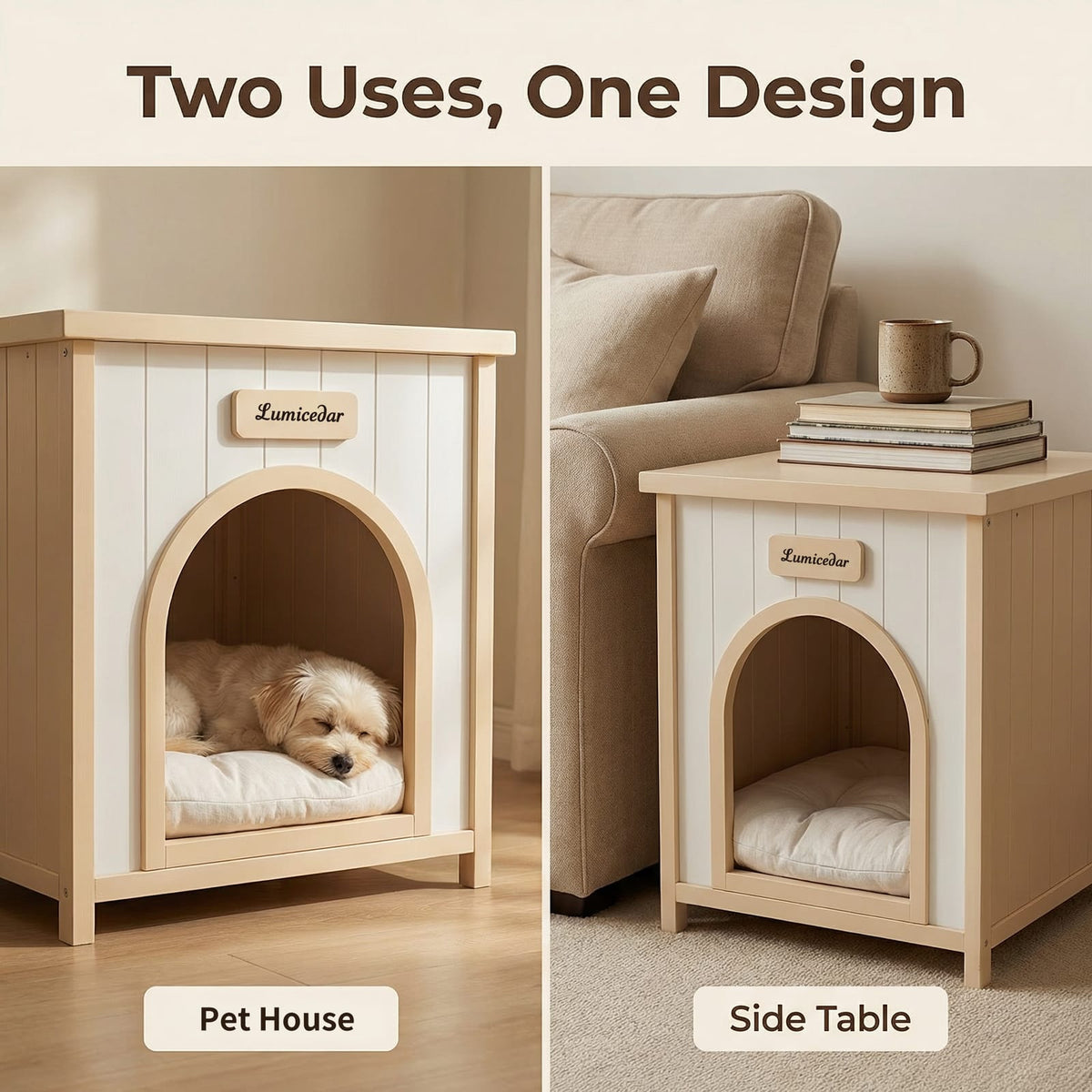 Cream White Cedar Pet Bed - Small Dog House Side Table