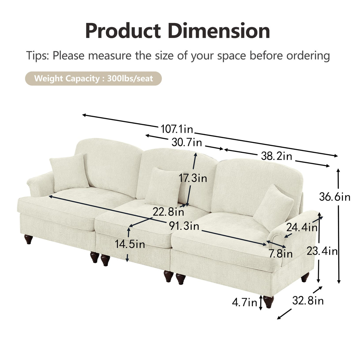 3 Seat Beige White Chenille Sofa with Ruffles for Living Room