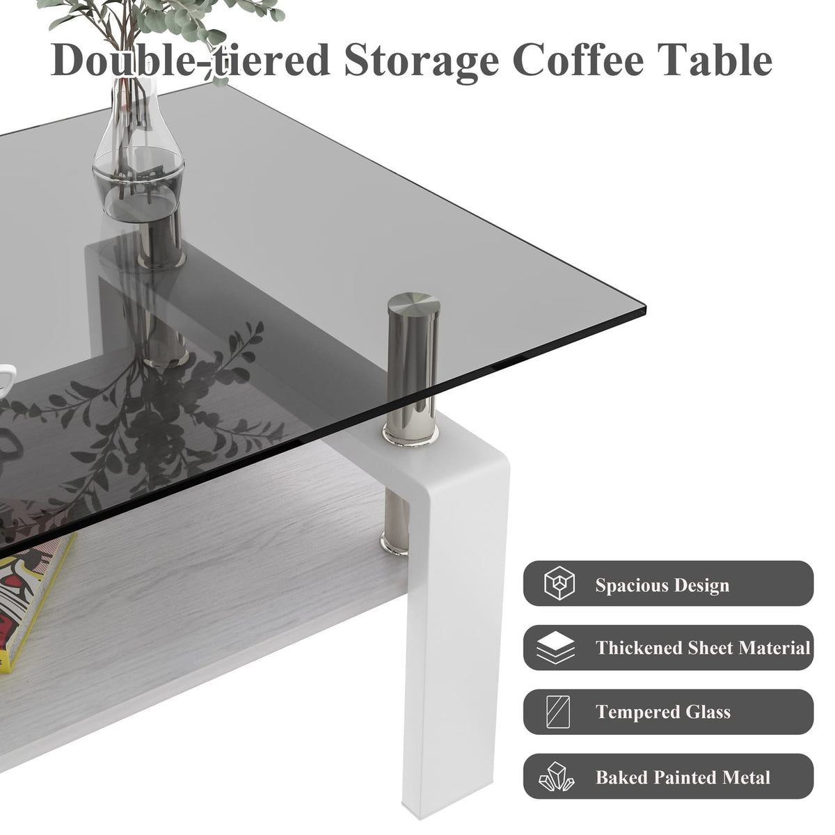 Rectangle Coffee Table - Gray Tempered Glass, Modern Storage Table
