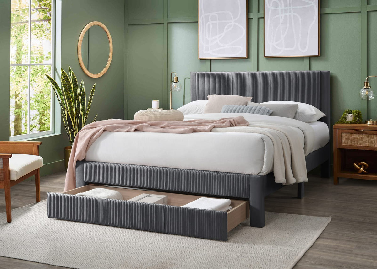 Queen Corduroy Bed Frame Charcoal Wood Platform Bed for Bedroom