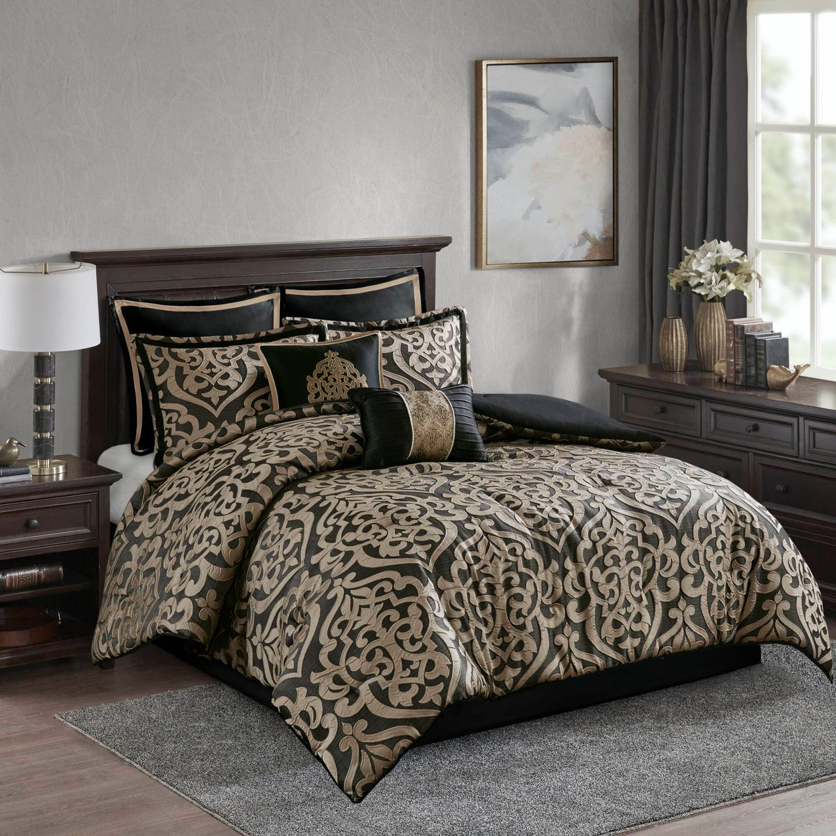 8 Piece Cal King Jacquard Comforter Set - Black Polyester