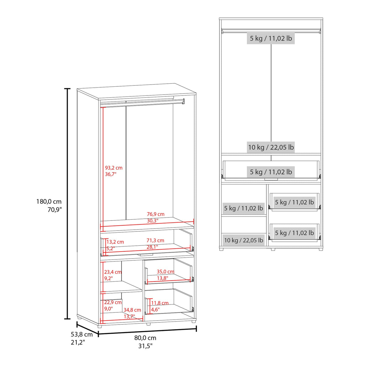 Black Two-Door Wardrobe with Shelves - 70.9" Wide