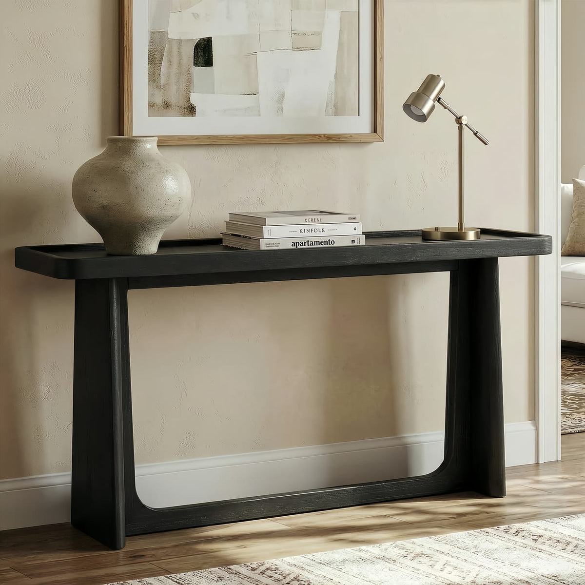 Farmhouse Console Table - Black Solid Wood Tray Top
