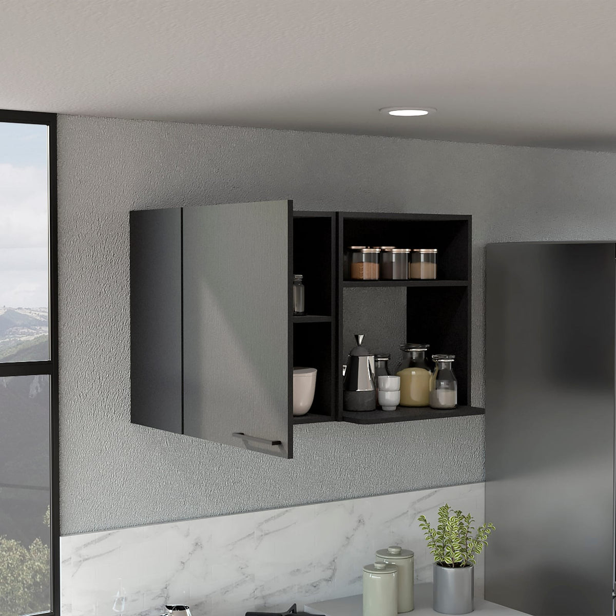 Black Particle Board Cabinet with Shelves for Kitchen Storage for Living Room