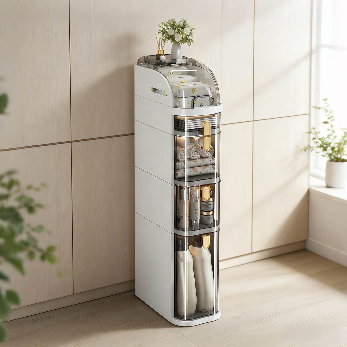 5-Tier White Bathroom Storage Cabinet - Narrow Mobile Shelf