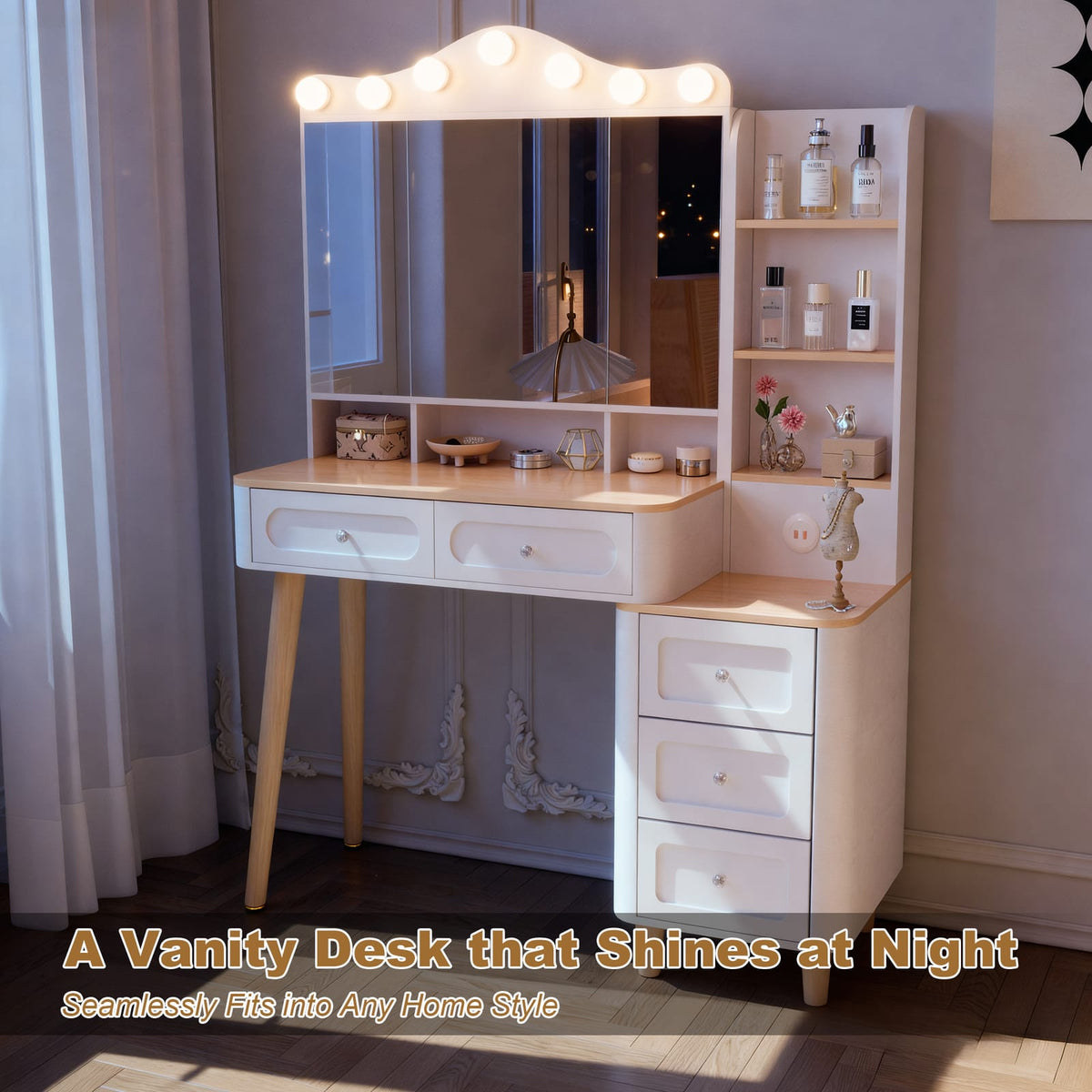 White Makeup Vanity with Mirror & Lights - Storage Drawer Set