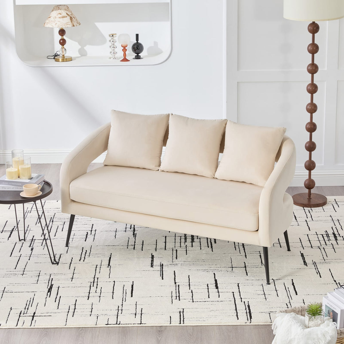 Beige Velvet Loveseat - Modern Open Back Sofa with Metal Legs for Living Room