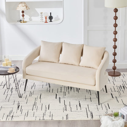 Beige Velvet Loveseat - Modern Open Back Sofa with Metal Legs for Living Room