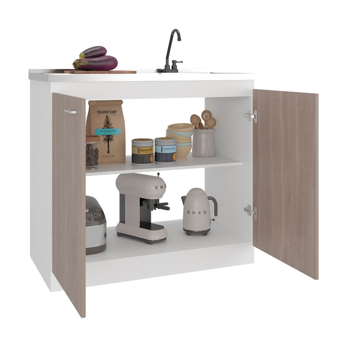 White Gray Freestanding Kitchen Sink Cabinet with Two Doors