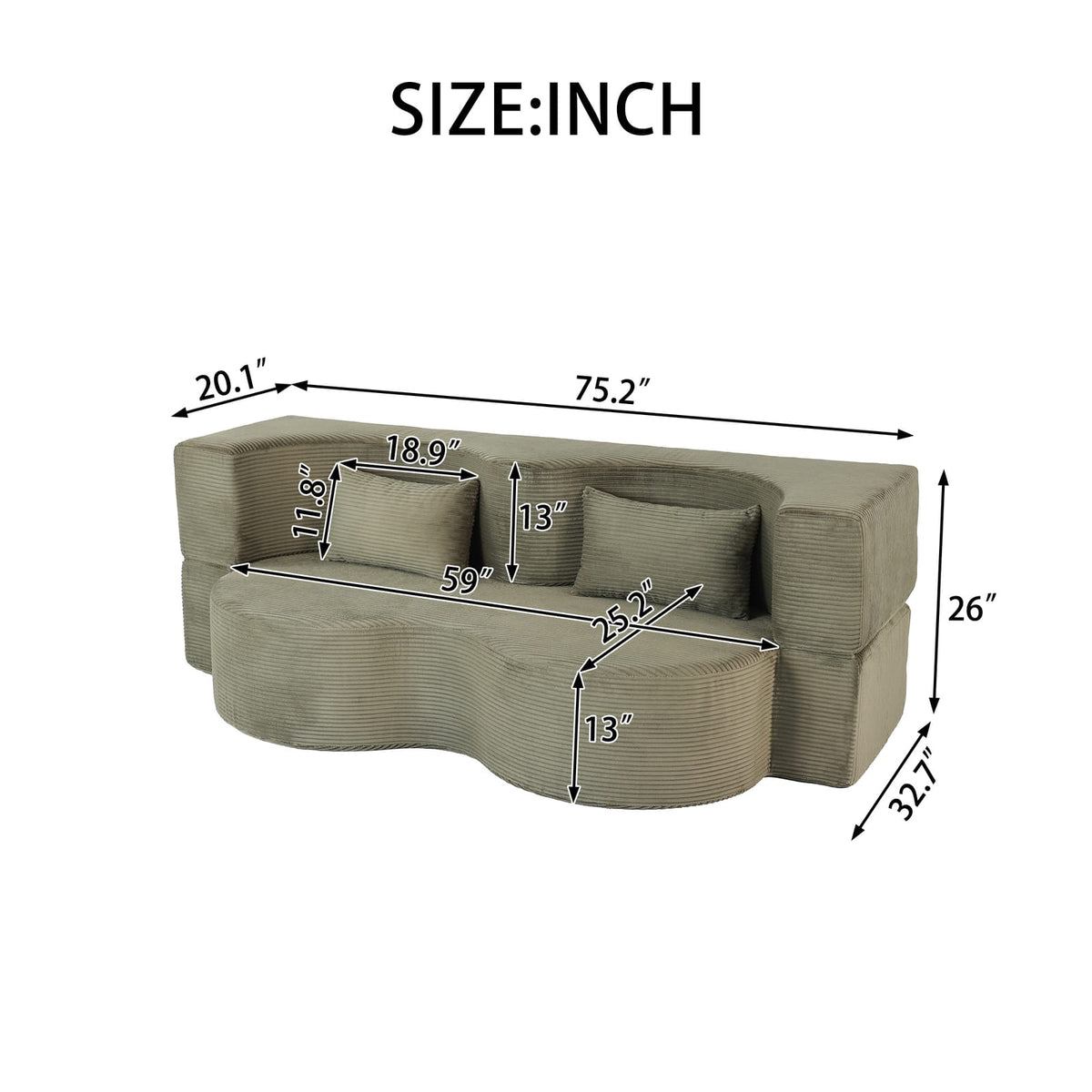 75 Inch Green Microfiber Sofa Bed - Converts to Bed for Living Room