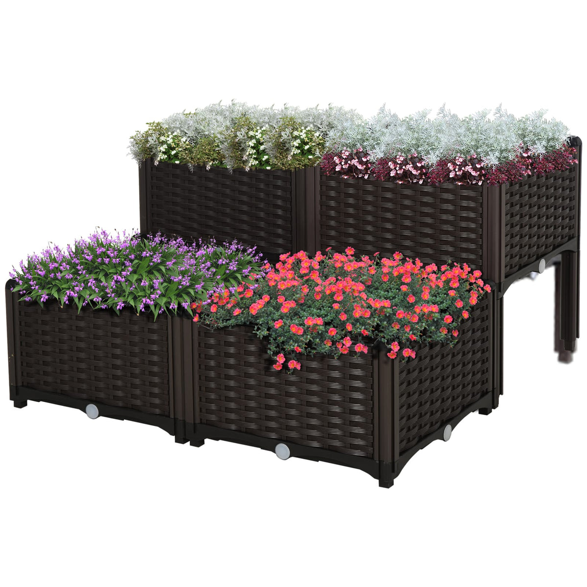 Outsunny 4 Piece Raised Garden Bed - Brown Plastic Planters