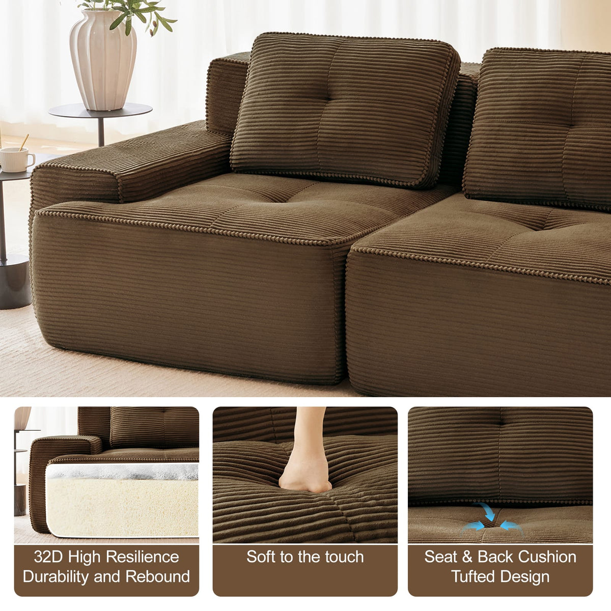 Brown Corduroy 2-Seat Modular Sofa - L-Shaped Sectional for Living Room
