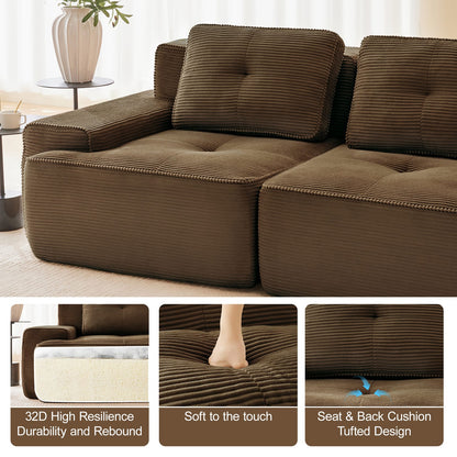 Brown Corduroy 2-Seat Modular Sofa - L-Shaped Sectional for Living Room