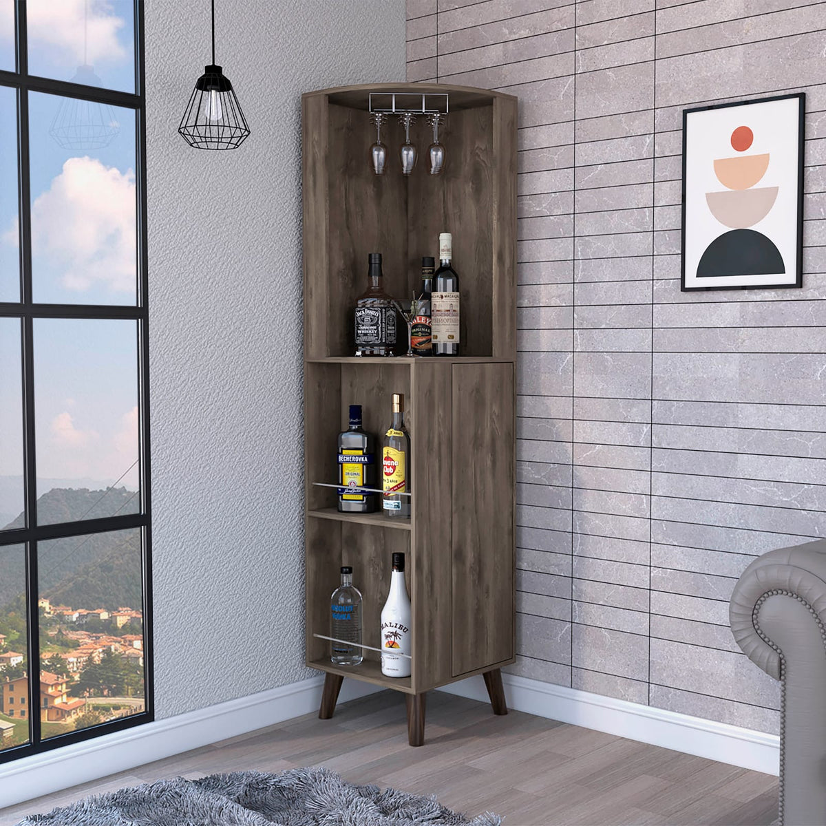 Dark Brown 1-Drawer 2-Shelf Corner Bar Cabinet - Storage & Display