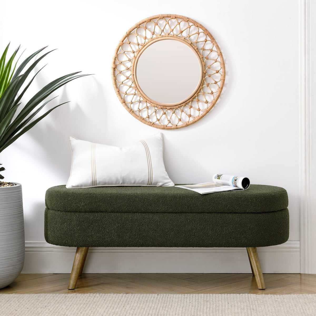Green Foam Ottoman Storage Bench - Rubber Wood Legs