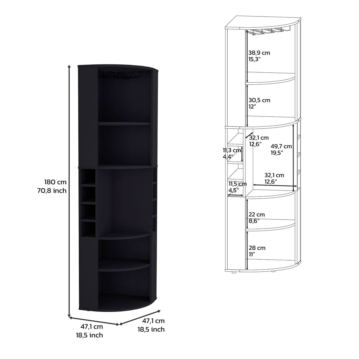 71" Corner Bar Cabinet - 5 Shelves, Black for Dining Room