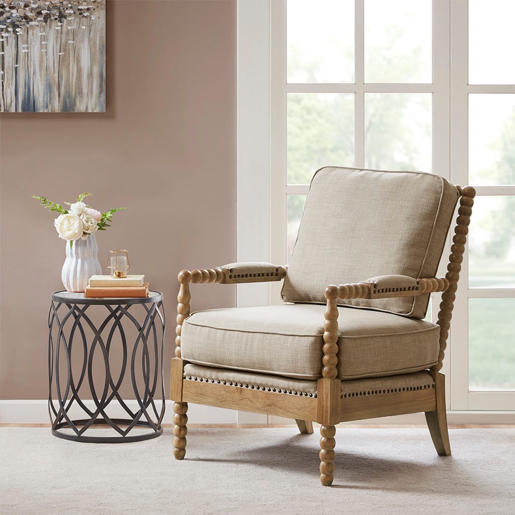 Light Grey + Camel Oak Accent Arm Chair - Comfortable & Stylish Seating