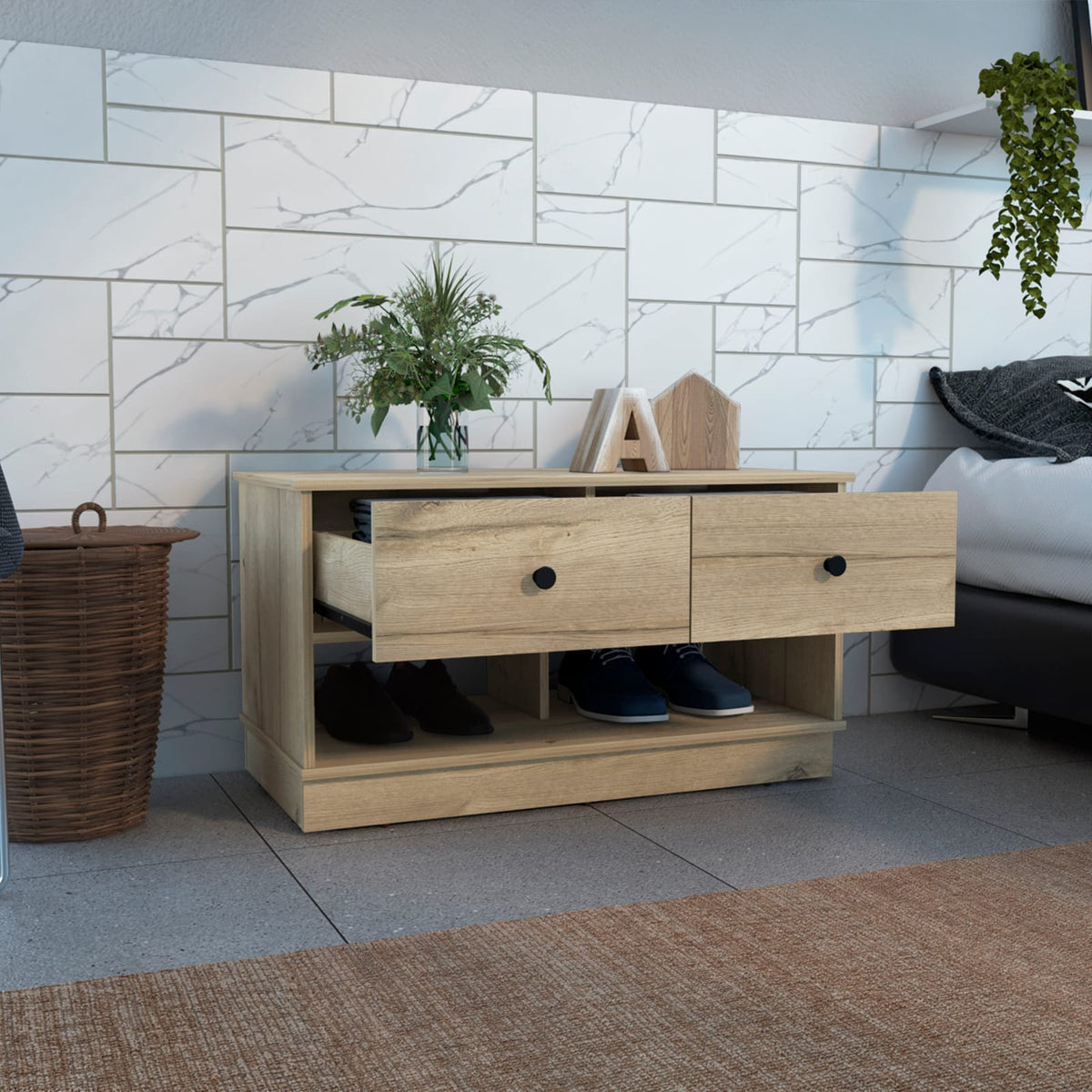 Beige Storage Bench with 2 Shelves & Drawers