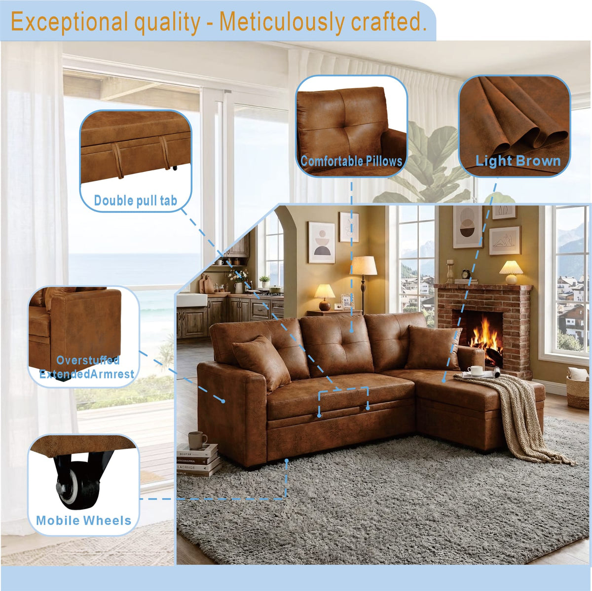 Light Brown Sectional Sofa Bed - Pull Out Sleeper for Living Room