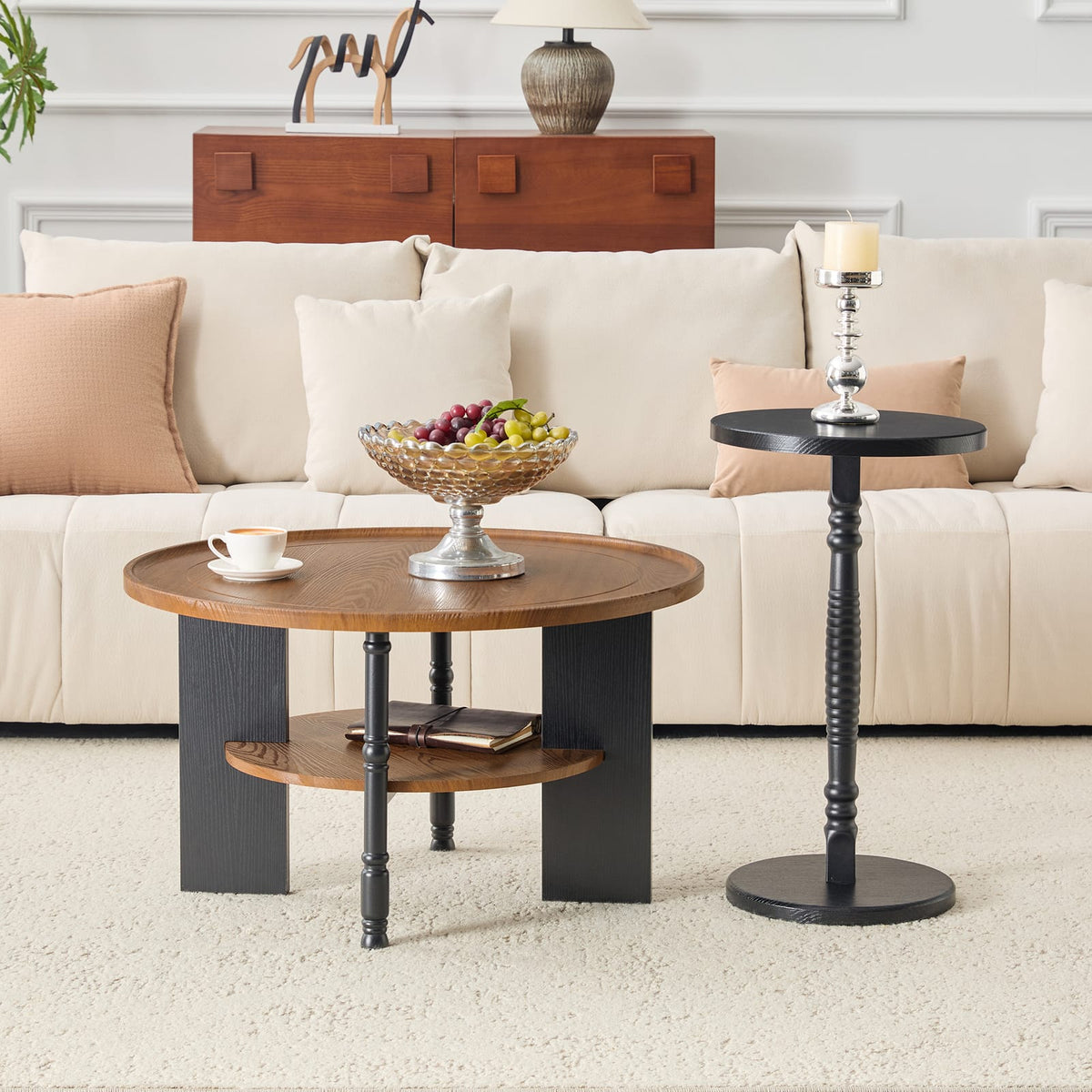 Round Coffee Table Set - Walnut & Black MDF Table with Storage for Living Room