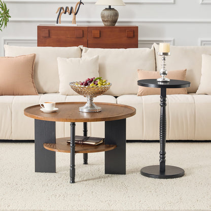 Round Coffee Table Set - Walnut & Black MDF Table with Storage for Living Room