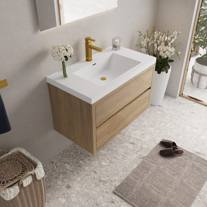 Floating Oak Bathroom Vanity with Storage and Stone Top
