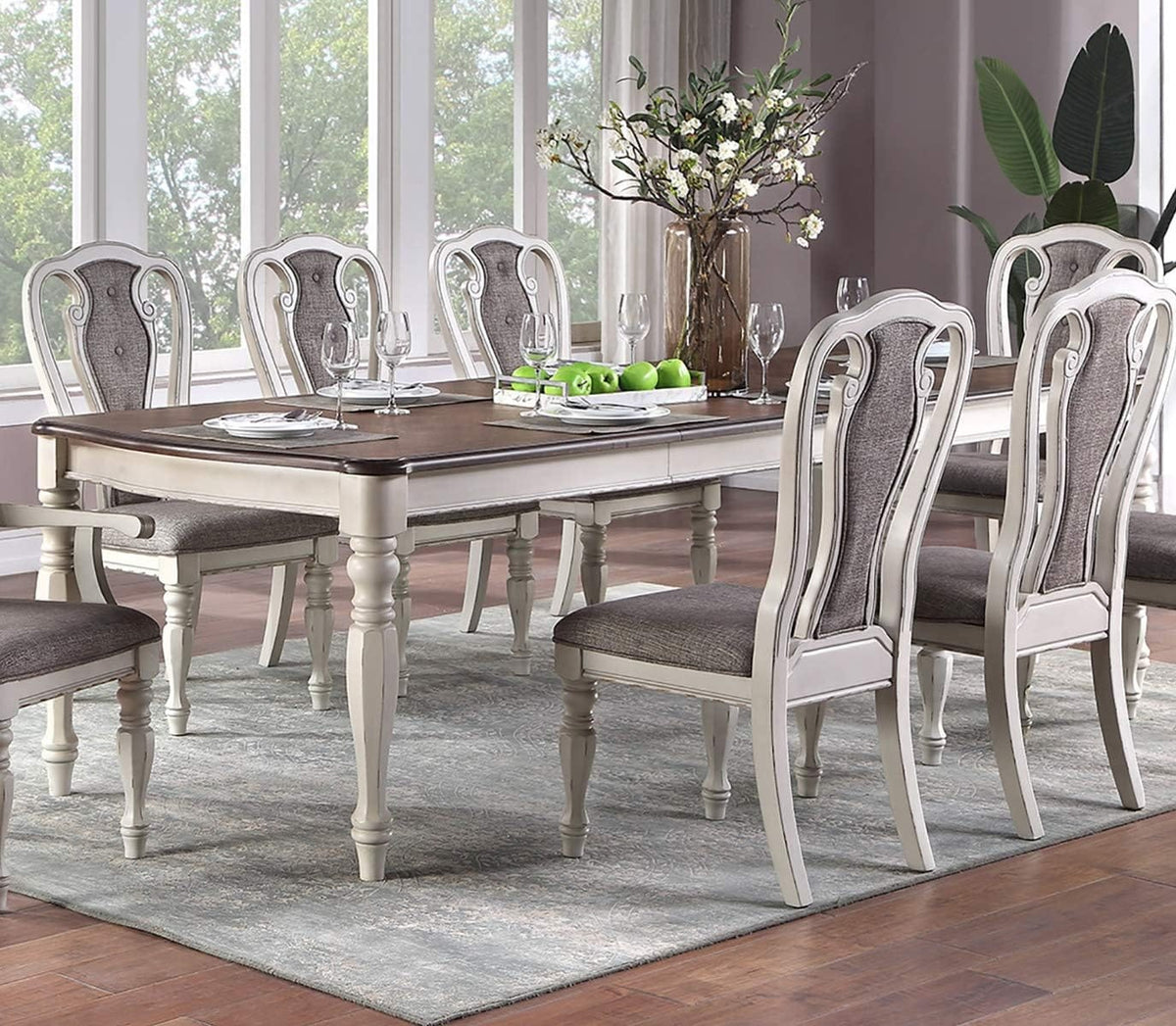 Transitional 9pc Dining Set - Dining Table w Oak Top & 6 Side Chairs, Antique White