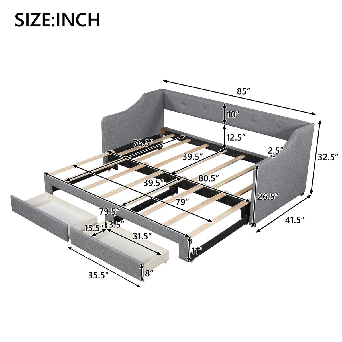 Twin XL to King Size Upholstered Daybed with Two Drawers, Gray