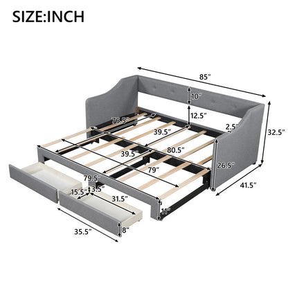 Twin XL to King Size Upholstered Daybed with Two Drawers, Gray