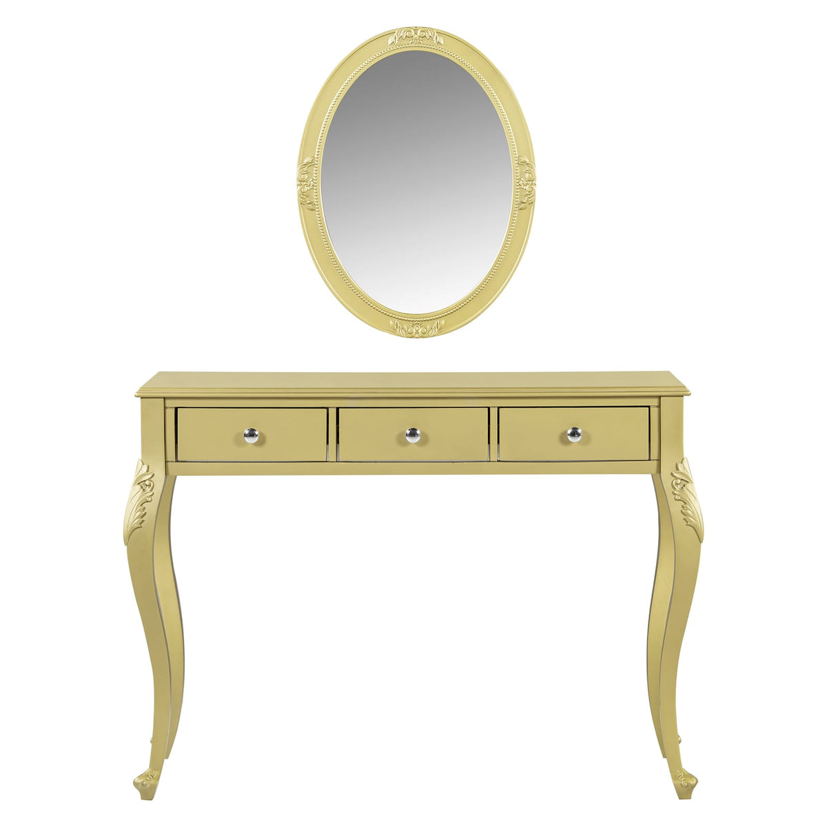 Gold Makeup Vanity Desk - 3 Drawers, Oval Mirror Storage
