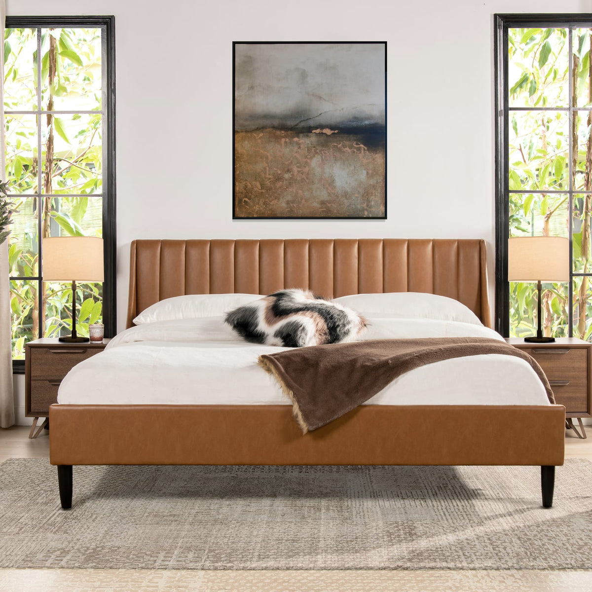 King Size Tan Brown Faux Leather Platform Bed