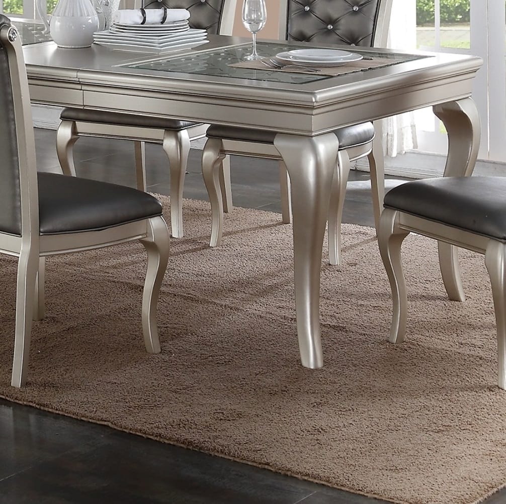Dining Table Rectangle Glass Inert Top Silver Hue 7pc Dining Table 6x Side Chairs