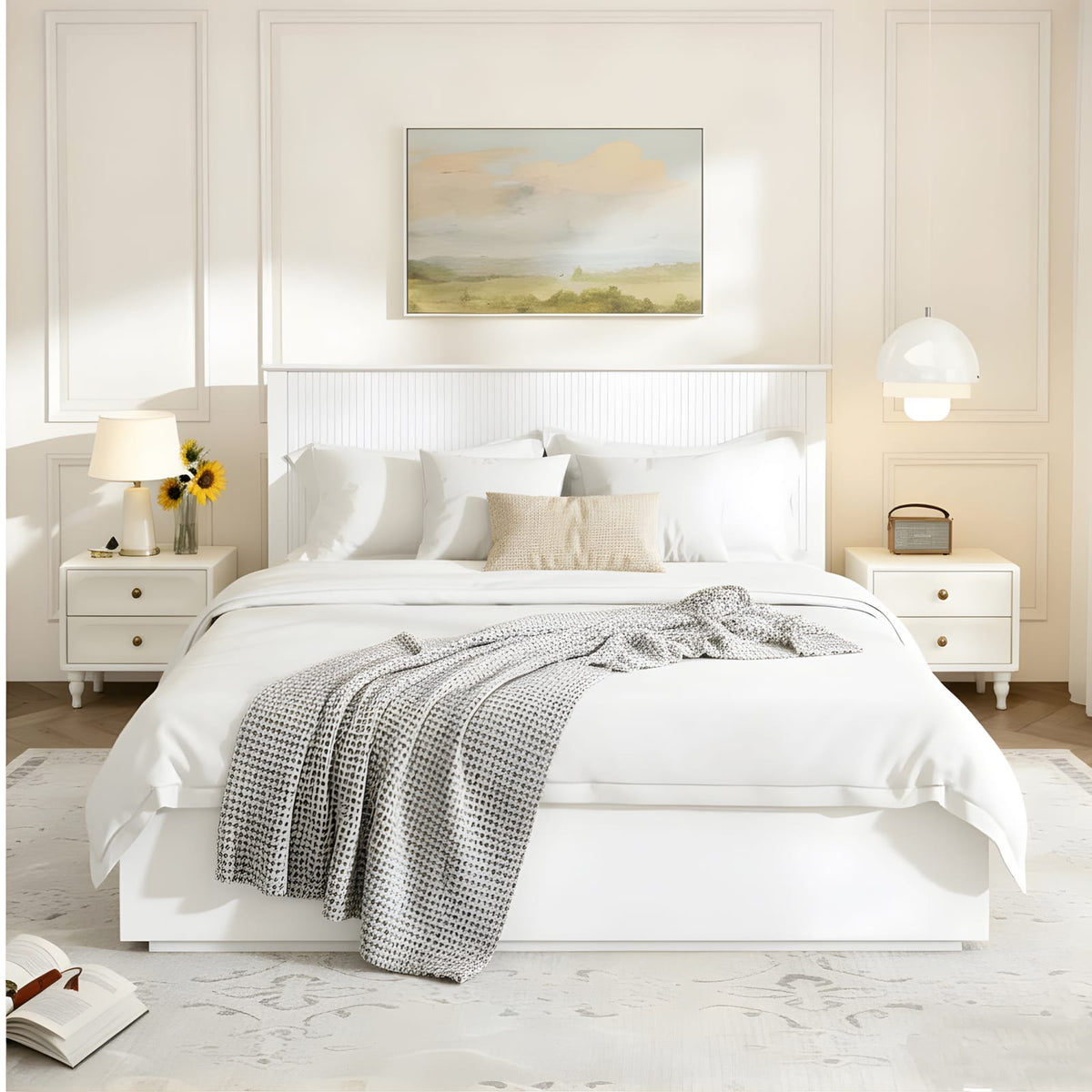 White Solid Wood Queen Bed Frame - Comfortable & Durable for Bedroom