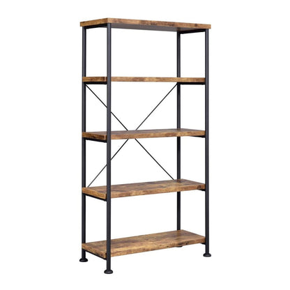 5-Shelf Bookcase in Antique Nutmeg and Black - Display Shelving for Living Room