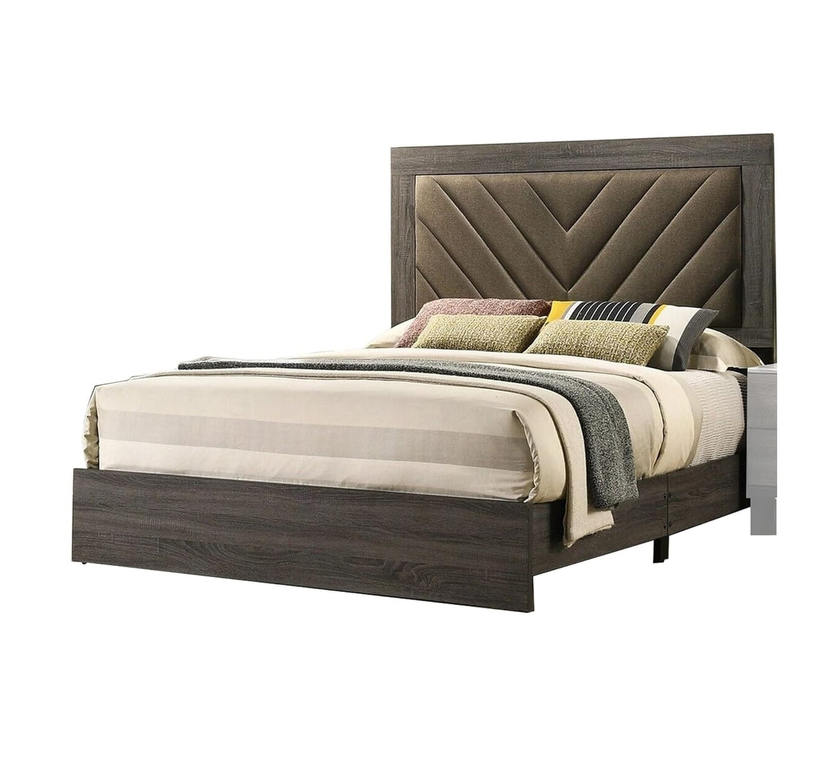 Contemporary Queen Size Bed Frame - Gray Upholstered Headboard