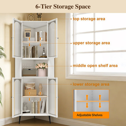 73" White Steel Corner Cabinet - Adjustable Shelves Storage for Living Room