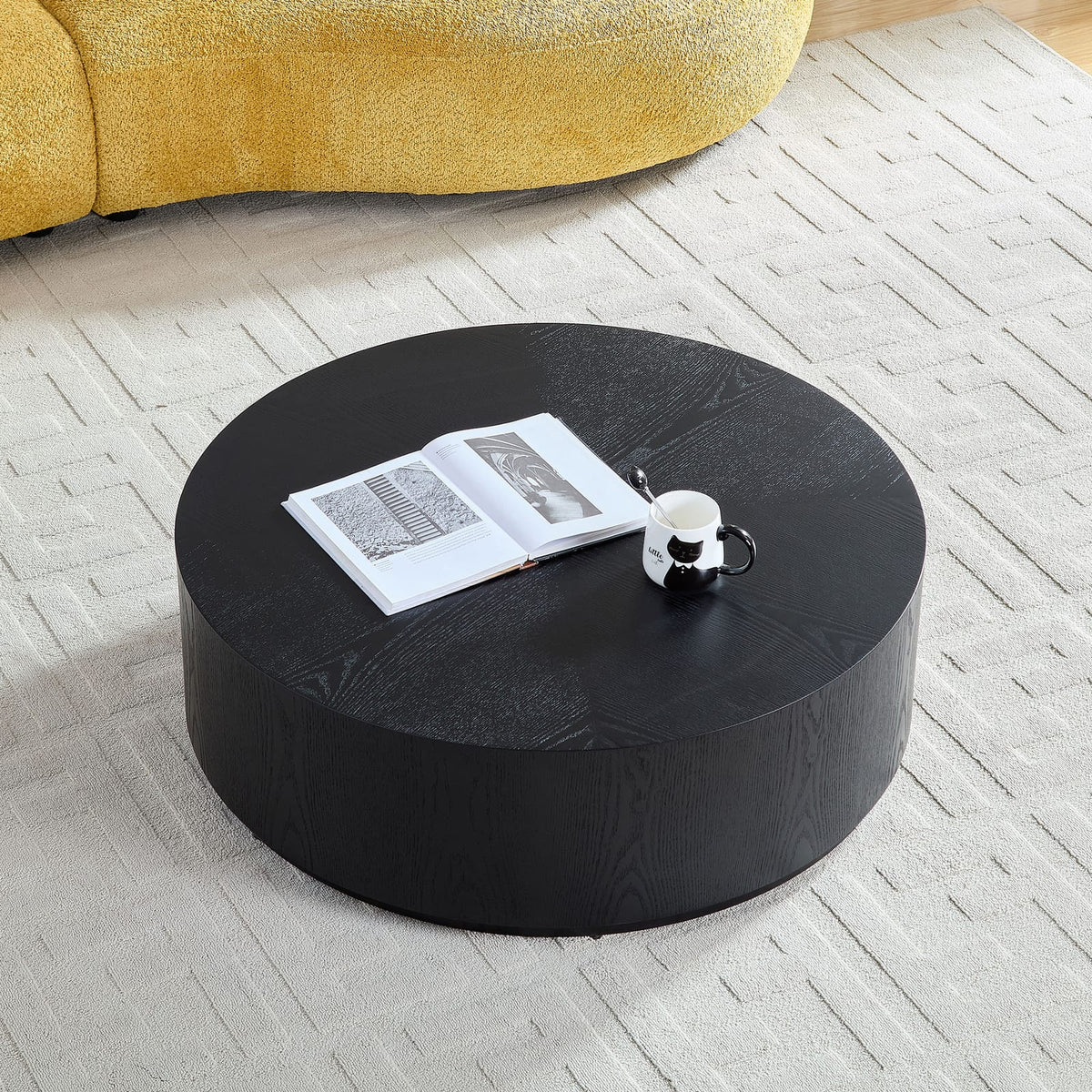 35.43 Inch Round Black Coffee Table - MDF Material for Living Room
