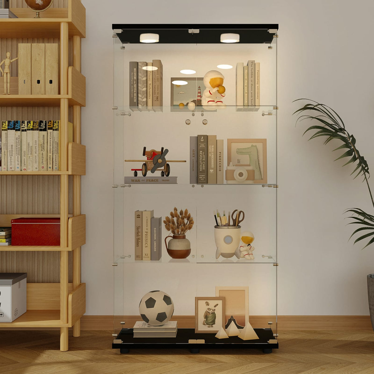 Tempered Glass Display Cabinet - 3-4 Shelf Black Storage Unit