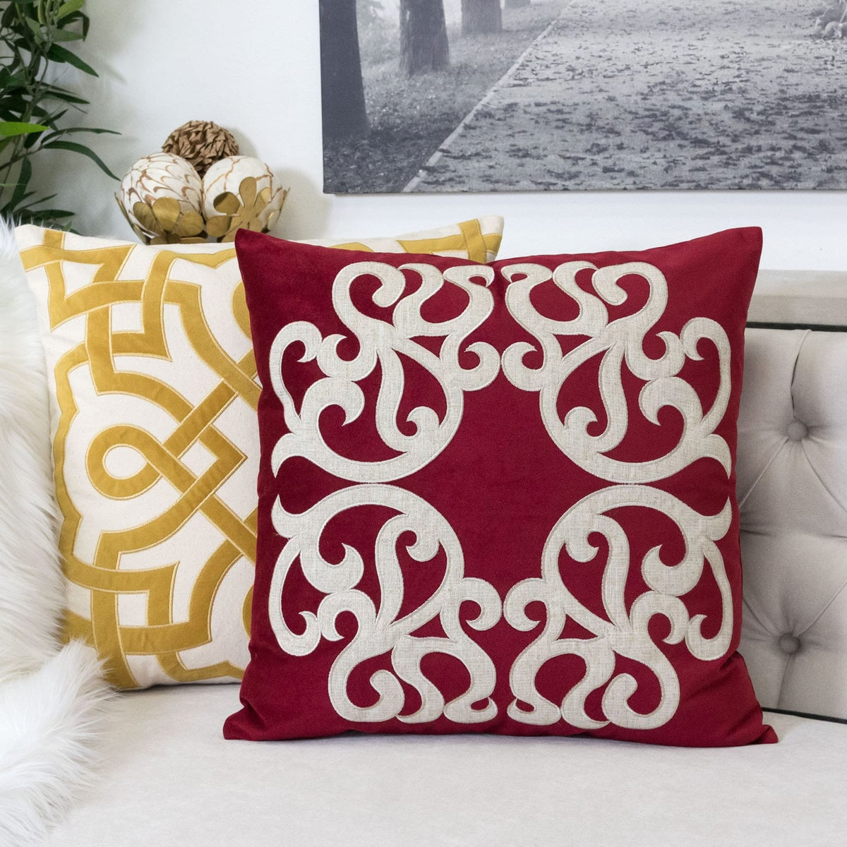 Dora Vintage Vine Set of 2 - Red Polyester Pillow Covers