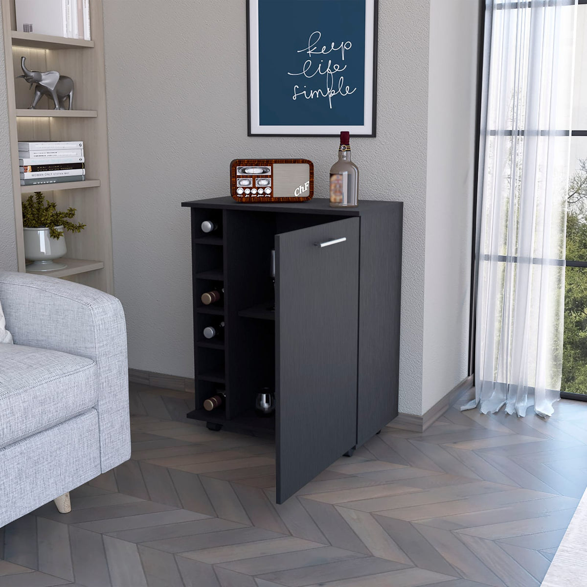 Rawlins Bar Cart - Black Engineered Wood, 6 Bottle Rack for Living Room