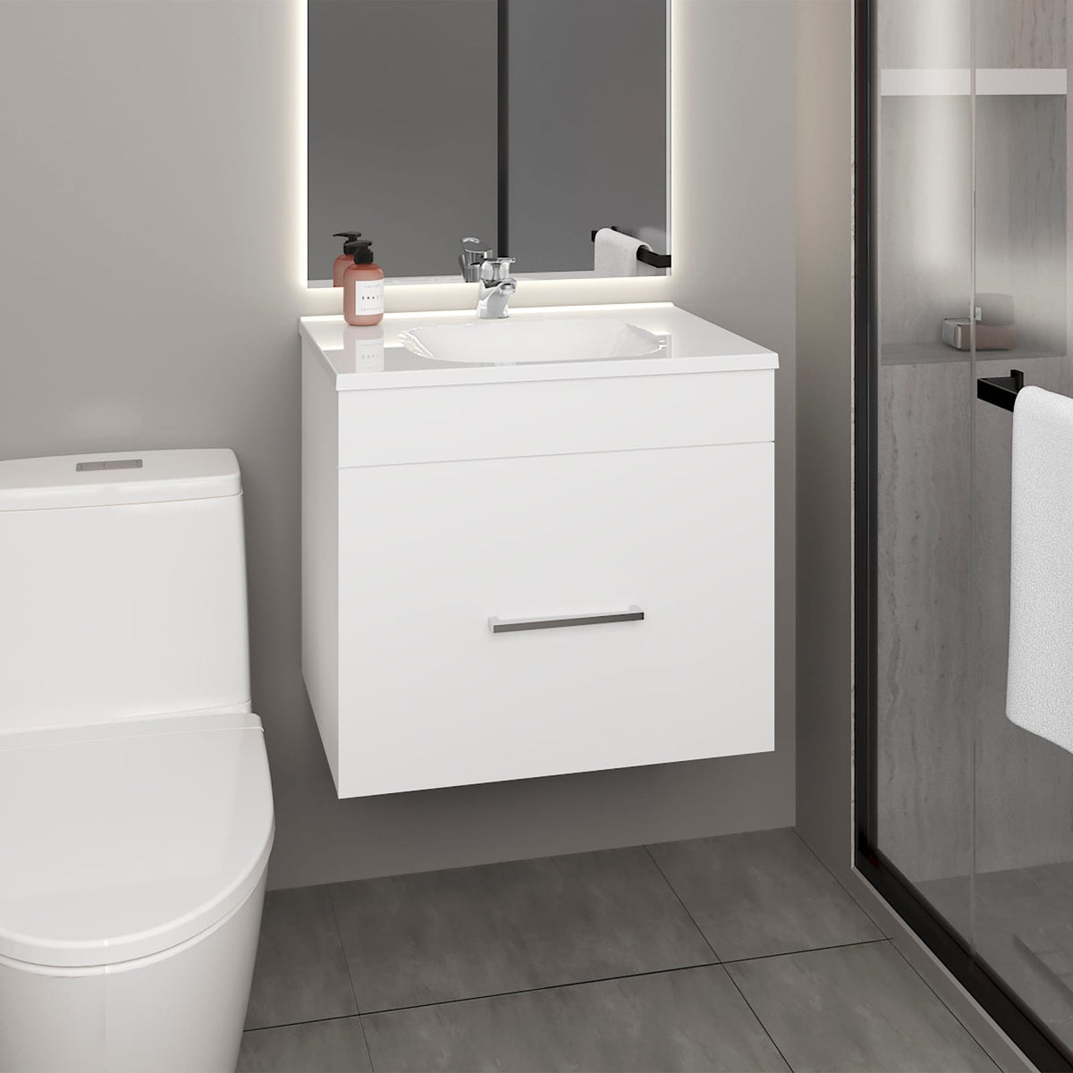 White Bathroom Vanity with Two Drawers & Open Shelf - MDF Storage