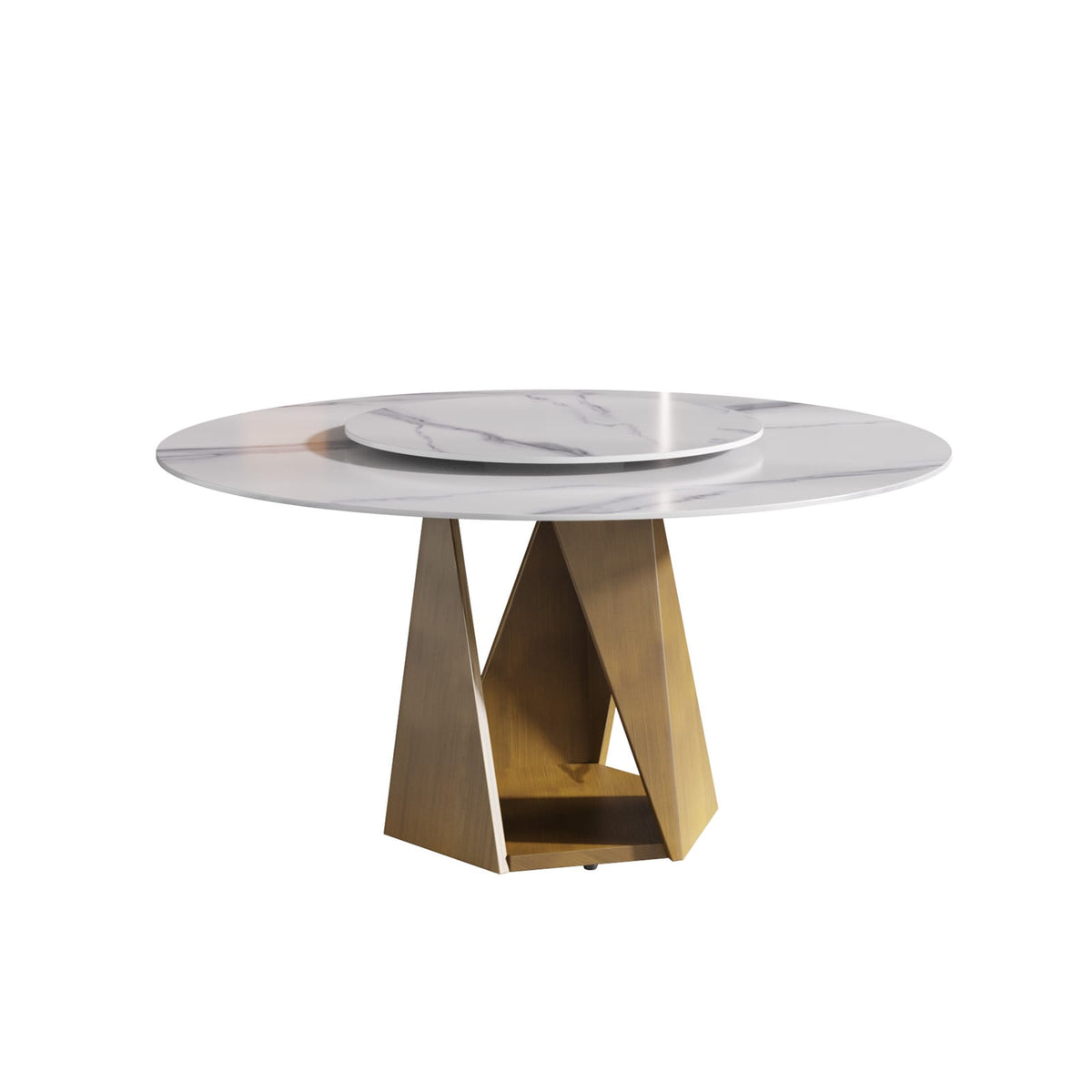 53" Round Marble Dining Table - Bronze Iron Base, White Stone