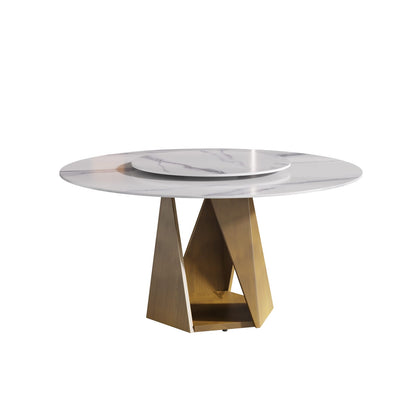 53" Round Marble Dining Table - Bronze Iron Base, White Stone
