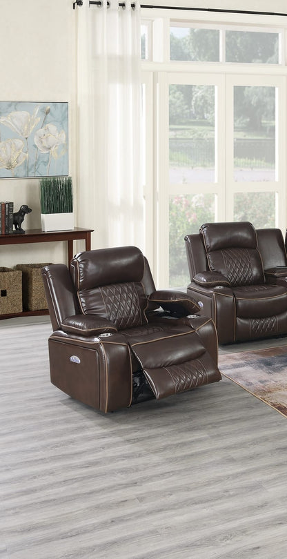 Power Motion Recliner Chair - Brown Faux Leather Storage Arms