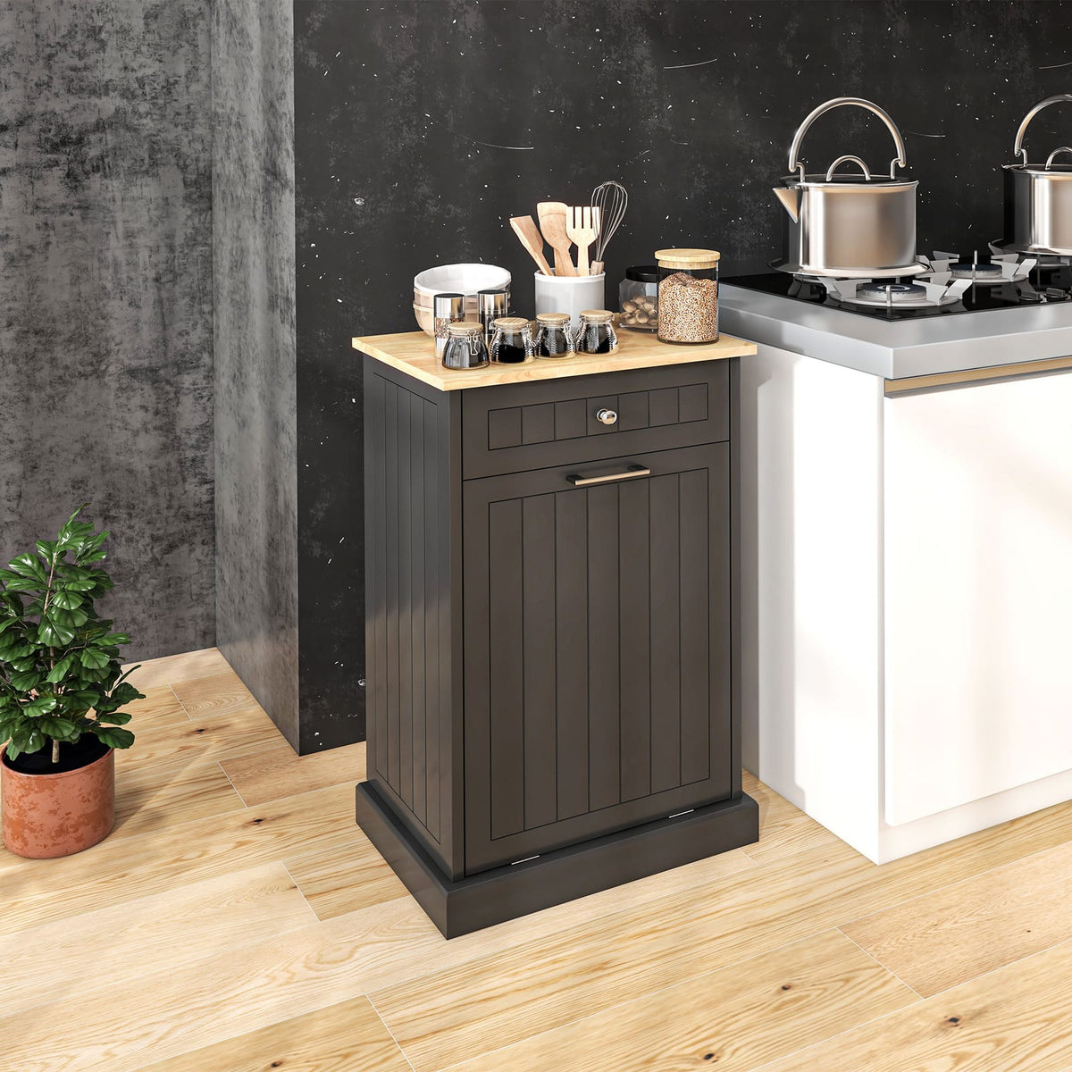 HOMCOM Kitchen Trash Cabinet - Black Storage & Safety