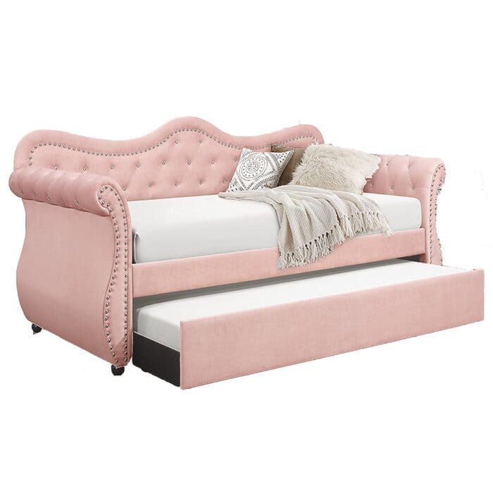 Pink Velvet Wood Daybed with Trundle for Modern Living Space