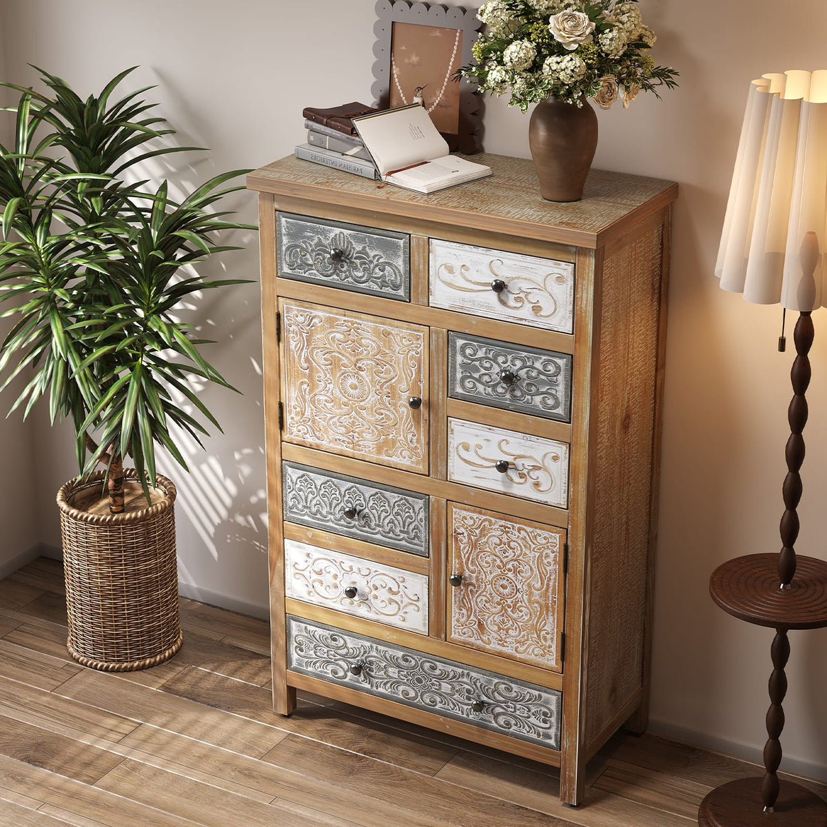 Colorful Vintage Accent Cabinet - 7 Drawers, Rustic Storage Chest for Living Room